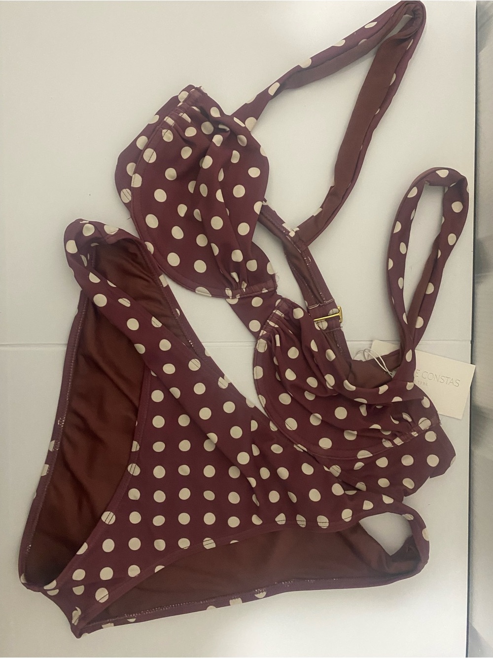 Caroline Constas Burgundy/Chocolate Brown and Cream Polka Dot Underwire Bikini